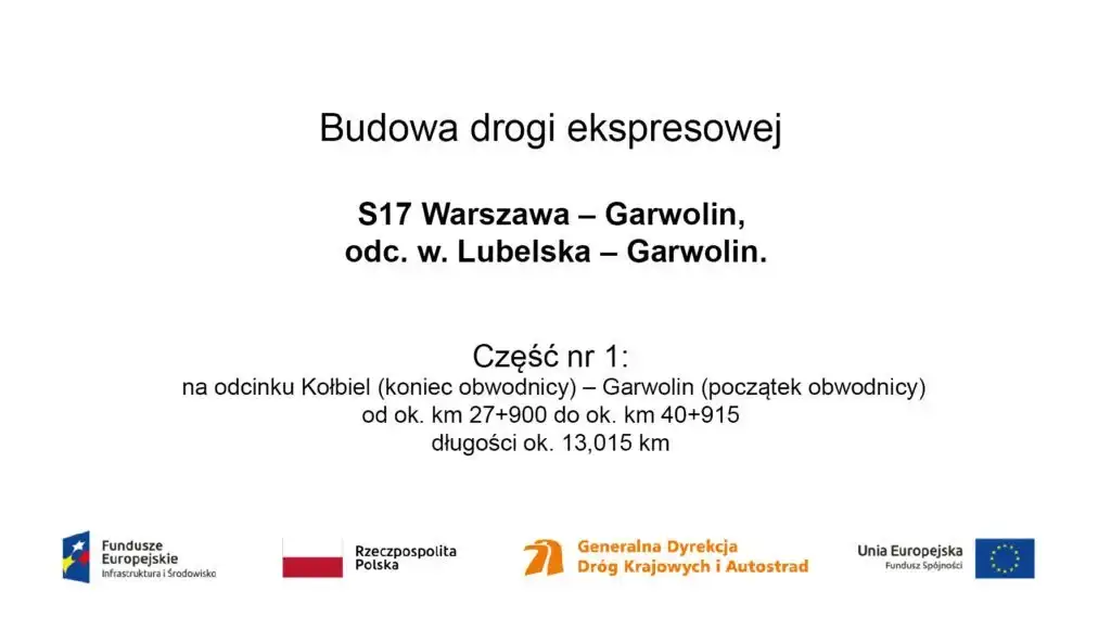 Animacja projektu drogi ekspresowej S17 Warszawa-Garwolin, odc. w. Lubelska-Garwolin. Część nr 1: na odcinku Kołbiel (koniec obwodnicy) - Garwolin (początek obwodnicy) od ok. km 27+900 do ok. km 40+915 długości ok. 13,015 km