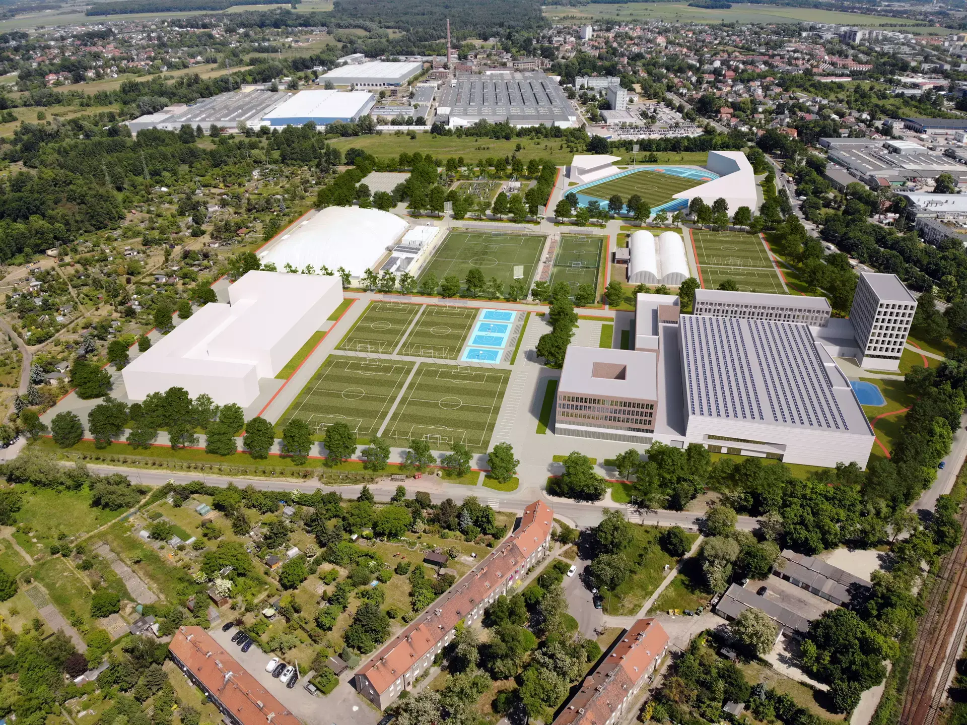 Wizualizacja architektoniczna kompleksu sportowego z góry z widokiem na fabrykę