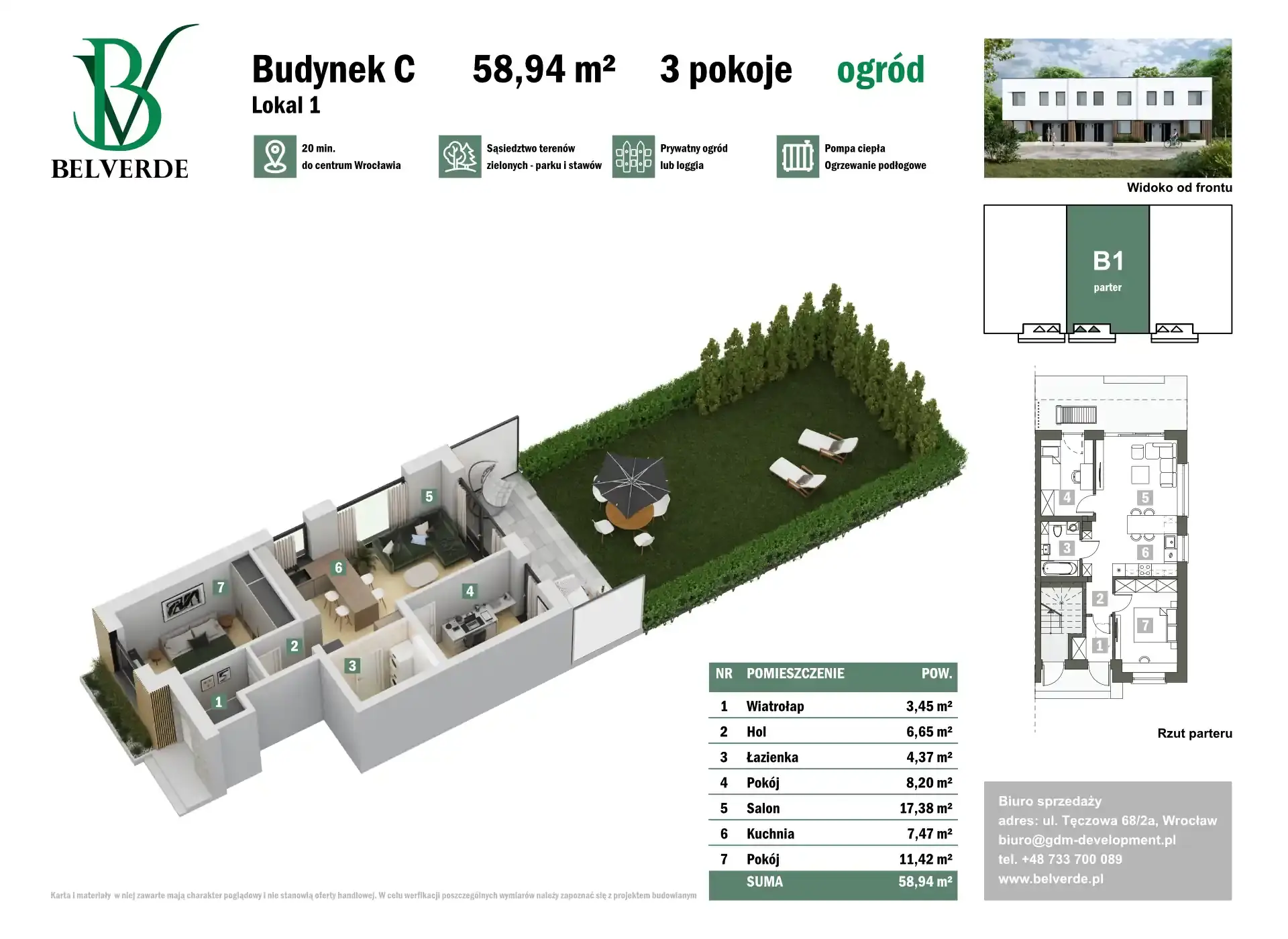 Karta lokalu 1 w budynku C na osiedlu Belverde – rzut 3d mieszkania 58,94 m² z 3 pokojami i prywatnym ogrodem