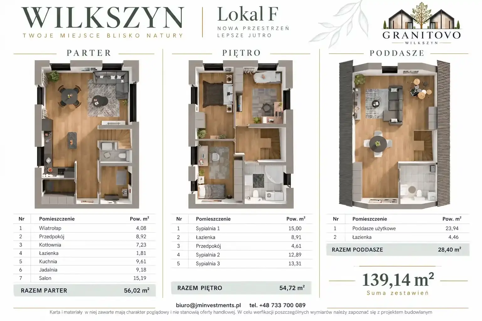 Karta lokalu F na osiedlu Granitovo w Wilkszynie – rzuty 3d parteru, piętra i poddasza domu 139,14 m²
