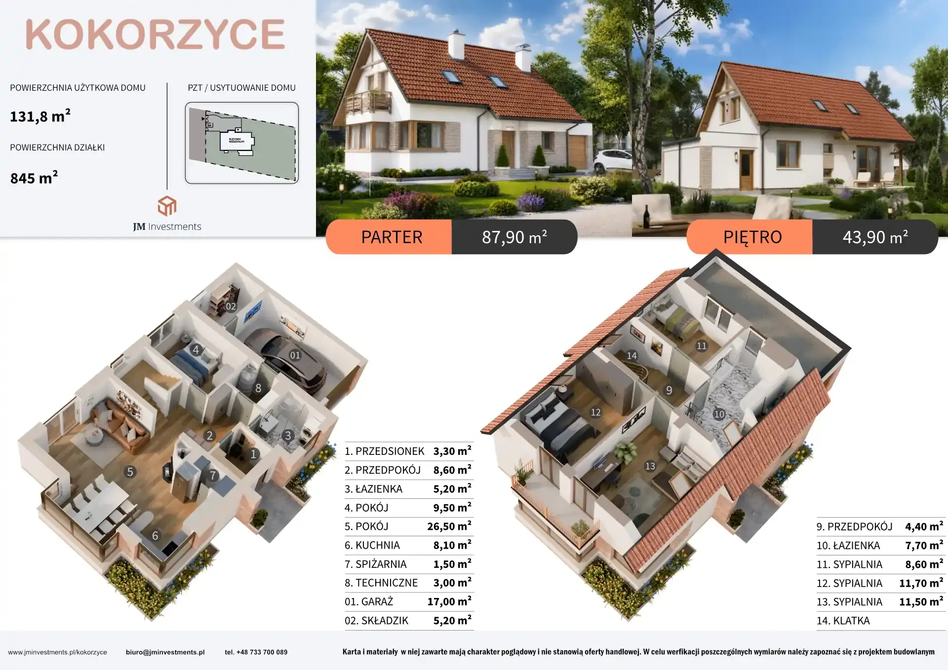 Karta domu jednorodzinnego w Kokorzycach – rzuty 3d parteru i piętra domu 131,8 m² z garażem