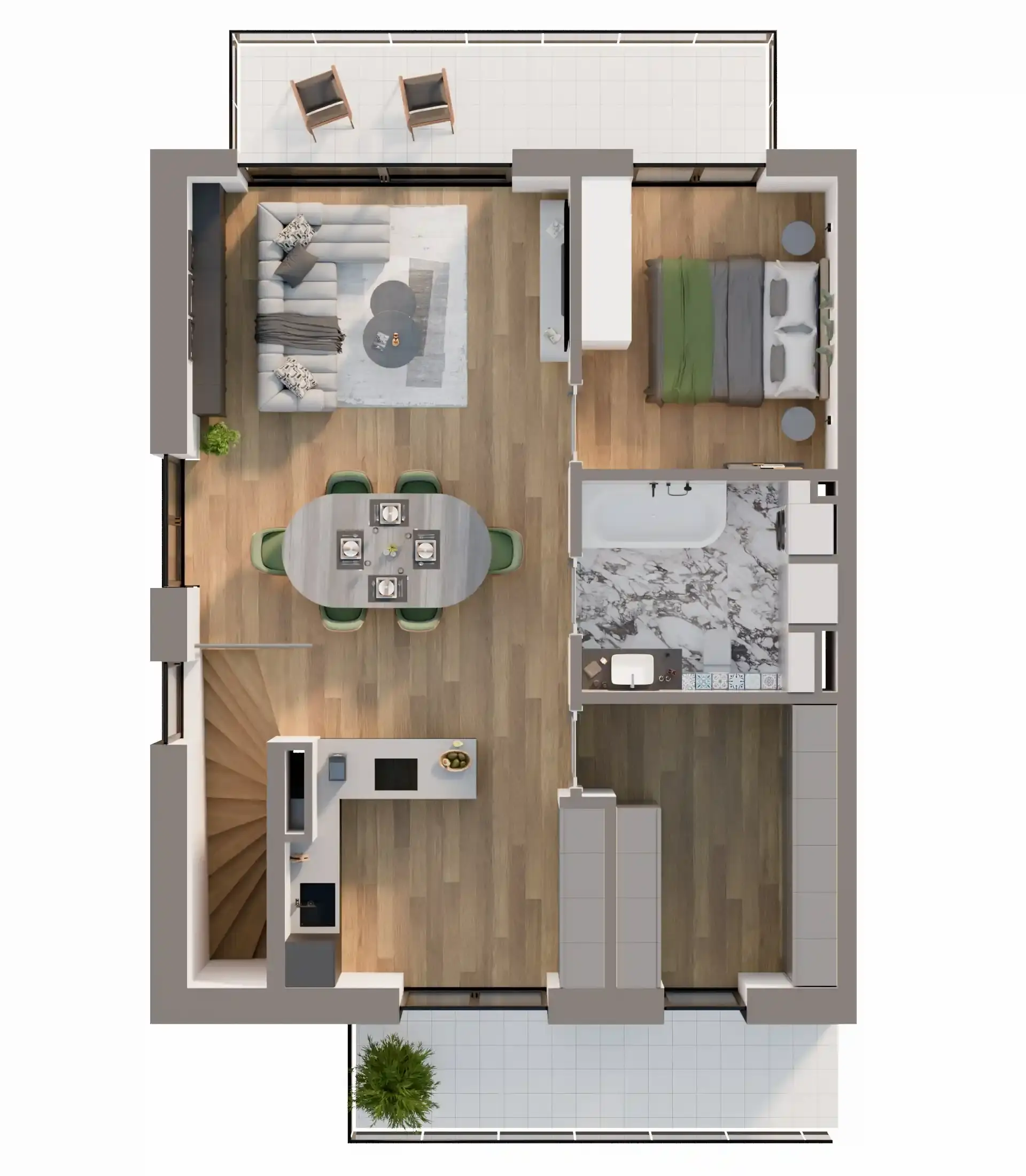 Rzut 3d mieszkania na osiedlu LTP HOME Łużycka w Łodzi z salonem, jadalnią, kuchnią w kształcie litery L, sypialnią, łazienką z wanną i dwoma tarasami