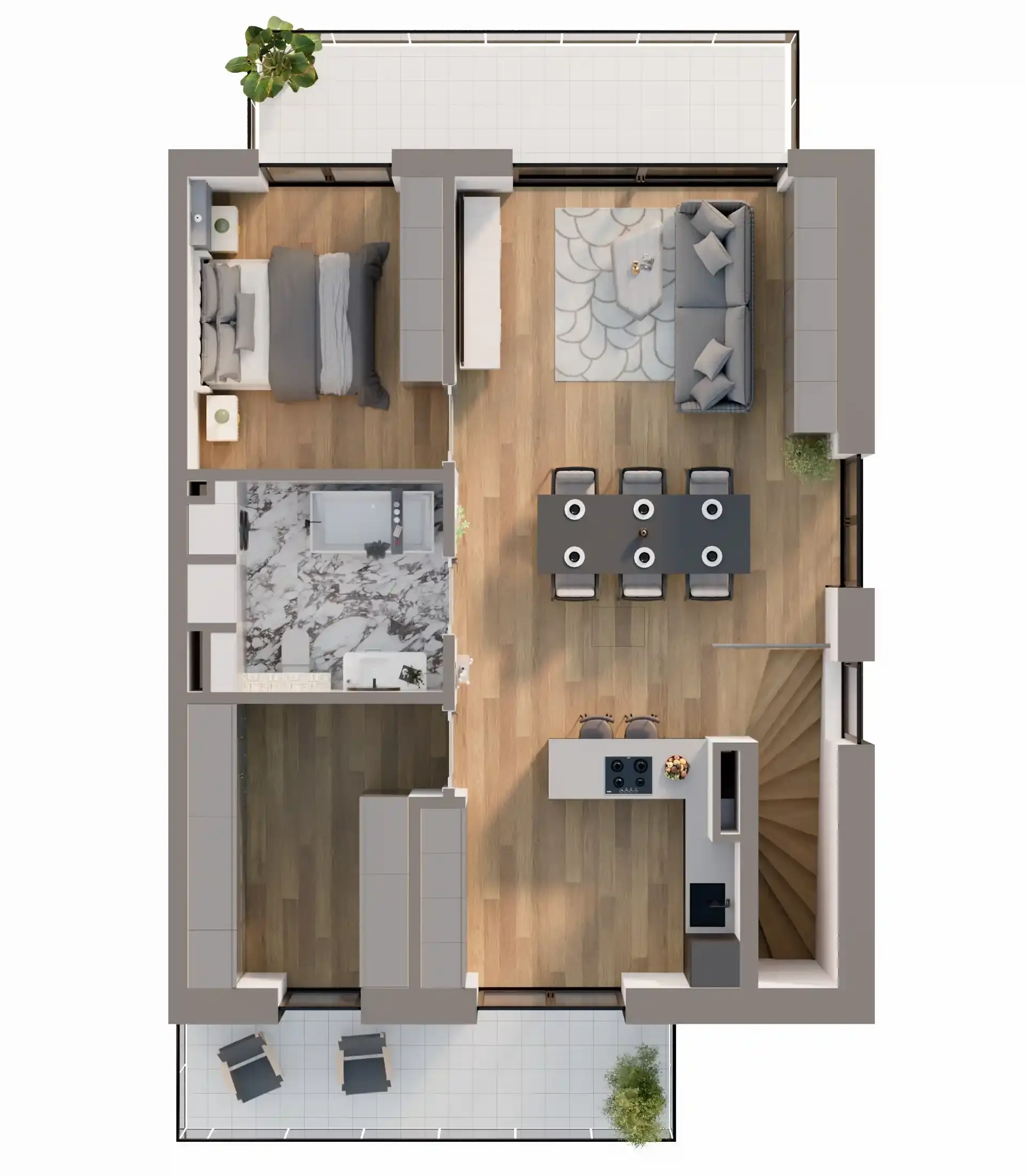 Rzut 3d mieszkania na osiedlu LTP HOME Łużycka w Łodzi z salonem, jadalnią dla sześciu osób, kuchnią z wyspą, sypialnią, łazienką i dwoma tarasami