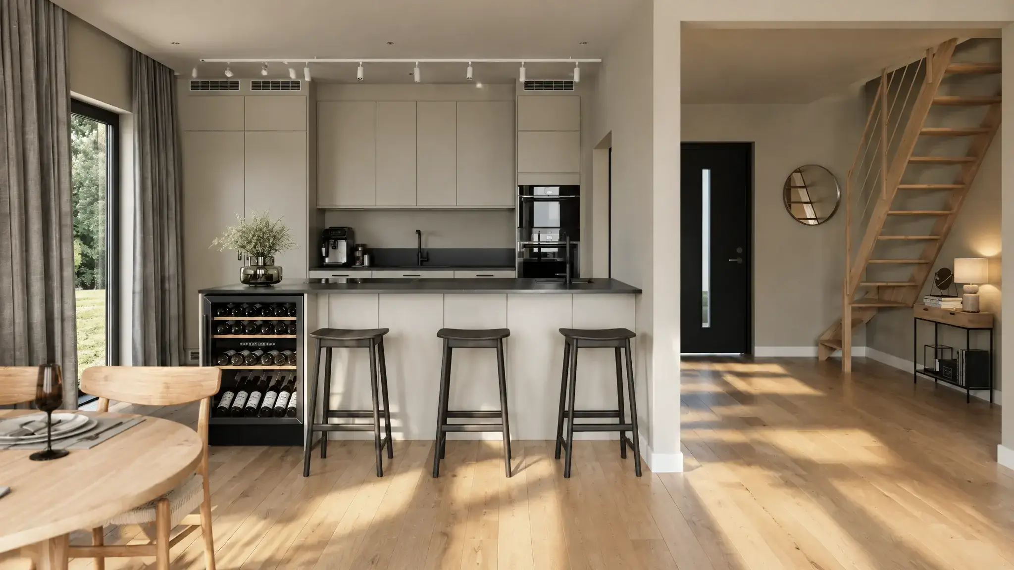 Kitchen with a bar, wine cooler and wooden stairs to the attic