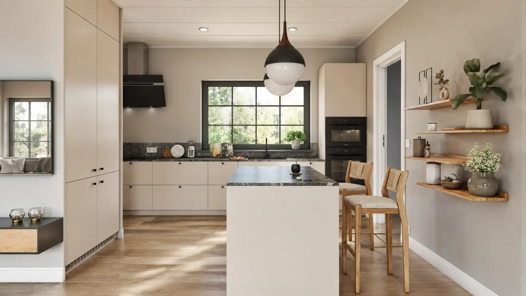Beige kitchen with an island, black ovens and wooden shelves