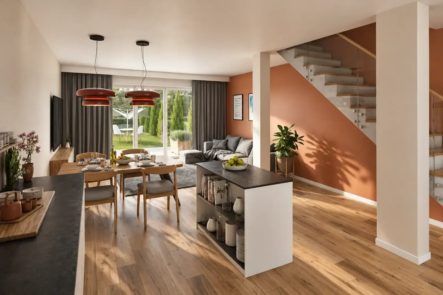 Open-plan living area with kitchen, dining area, brick wall and stairs to the upper floor