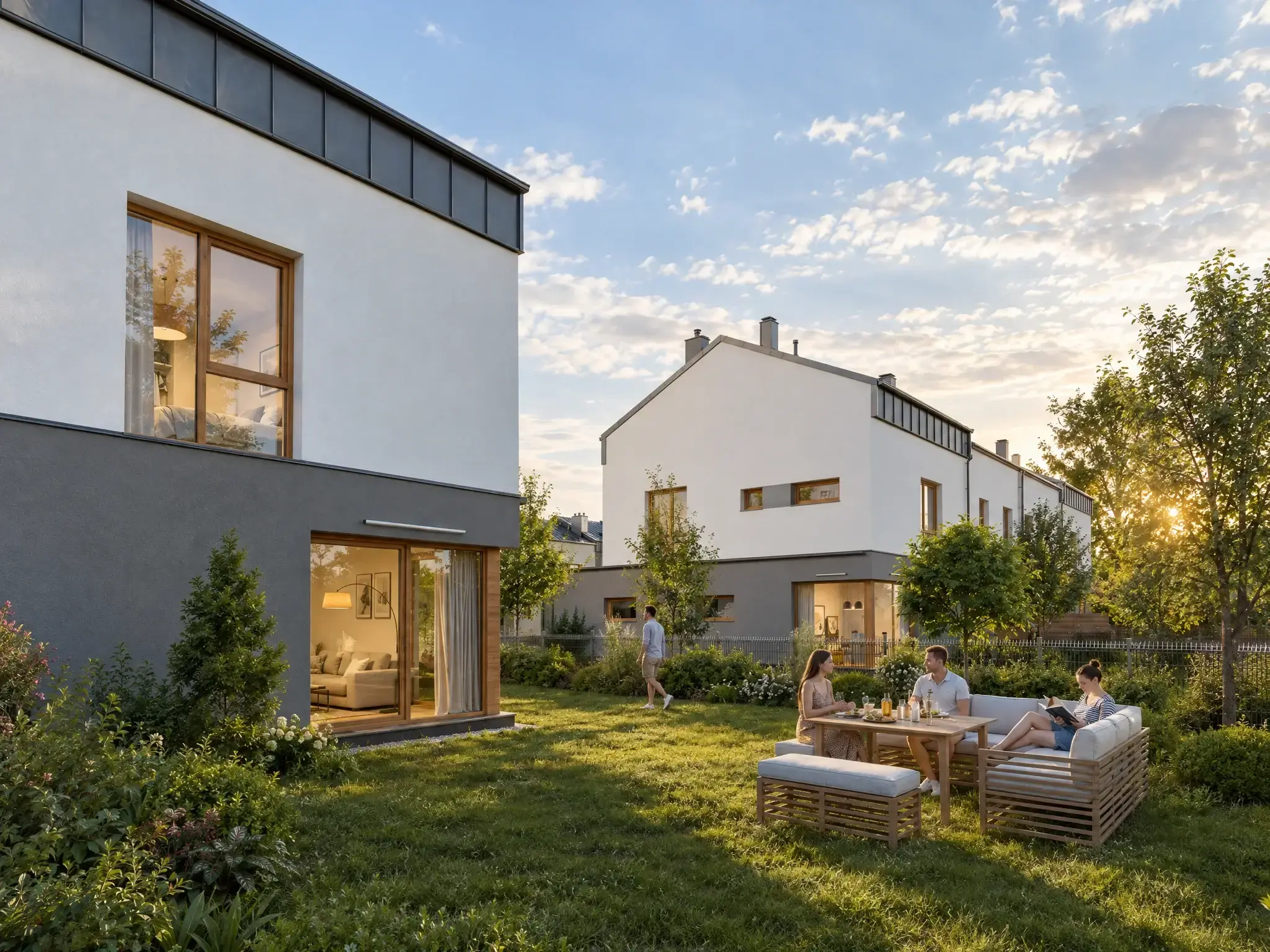 Garden with lounge furniture by the glazed living room of a terraced house at sunset