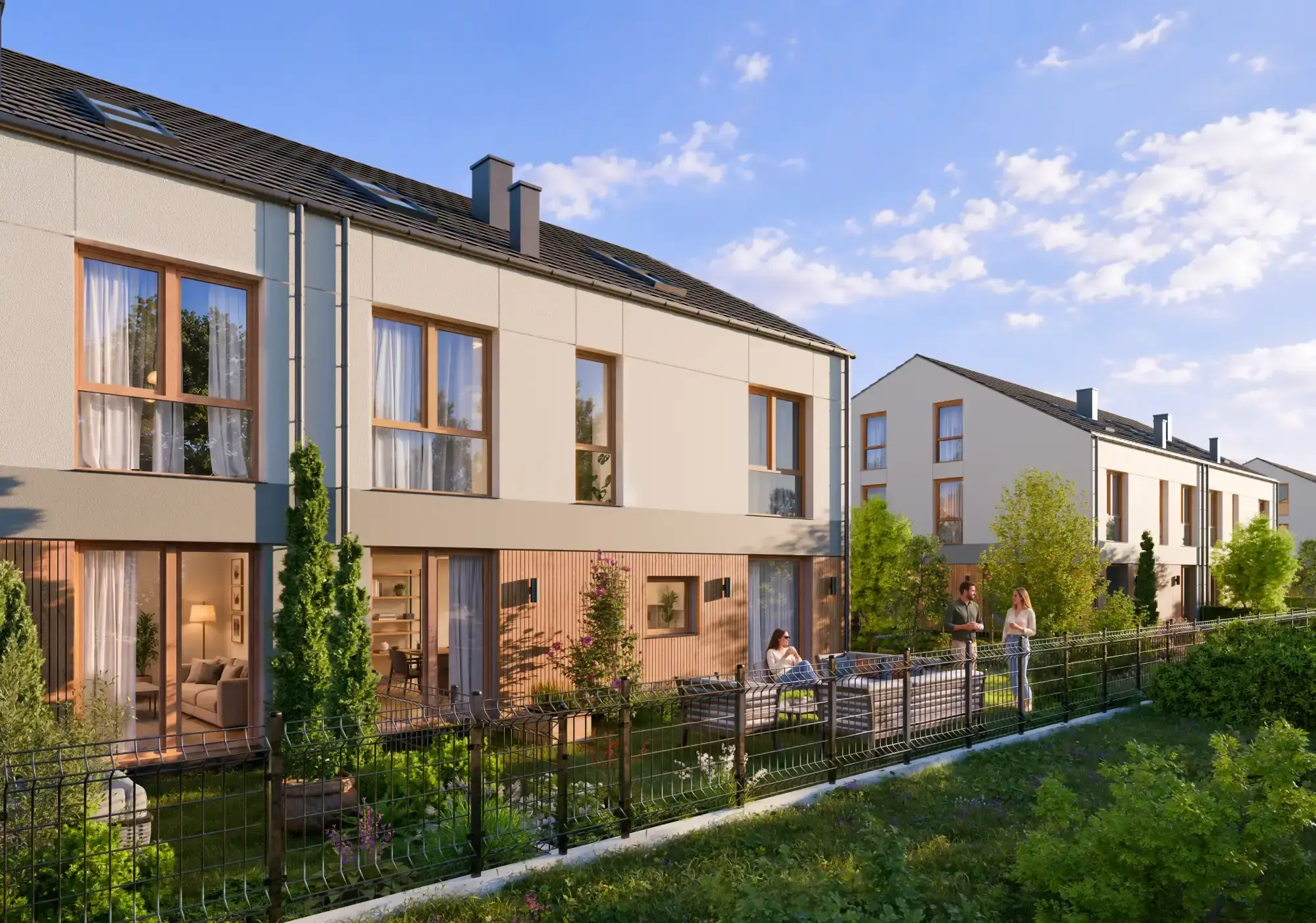 Gardens of terraced houses with timber-clad ground floors, neighbours chatting over the fence