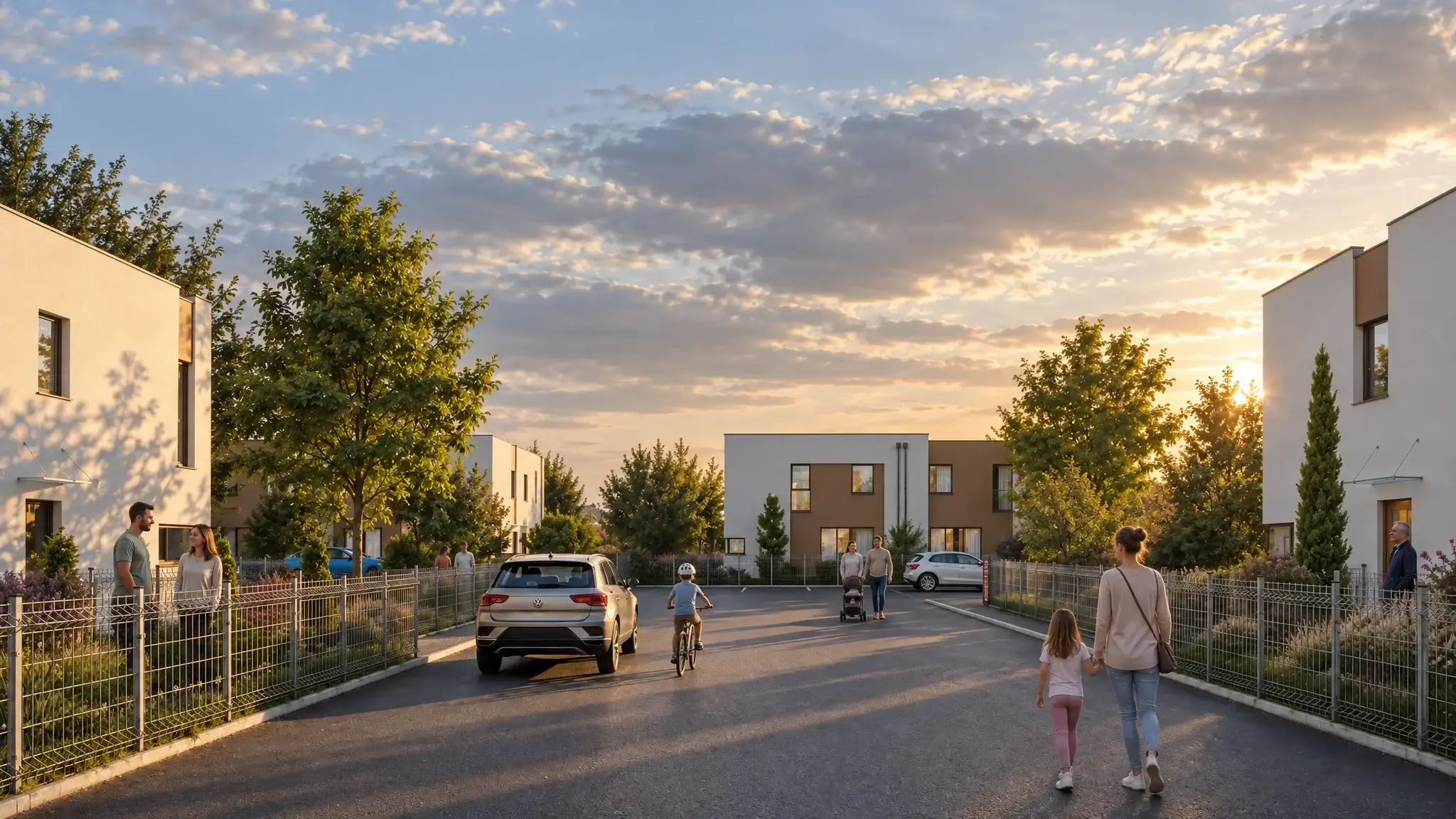 Estate road between semi-detached houses, families with children and a child on a bike