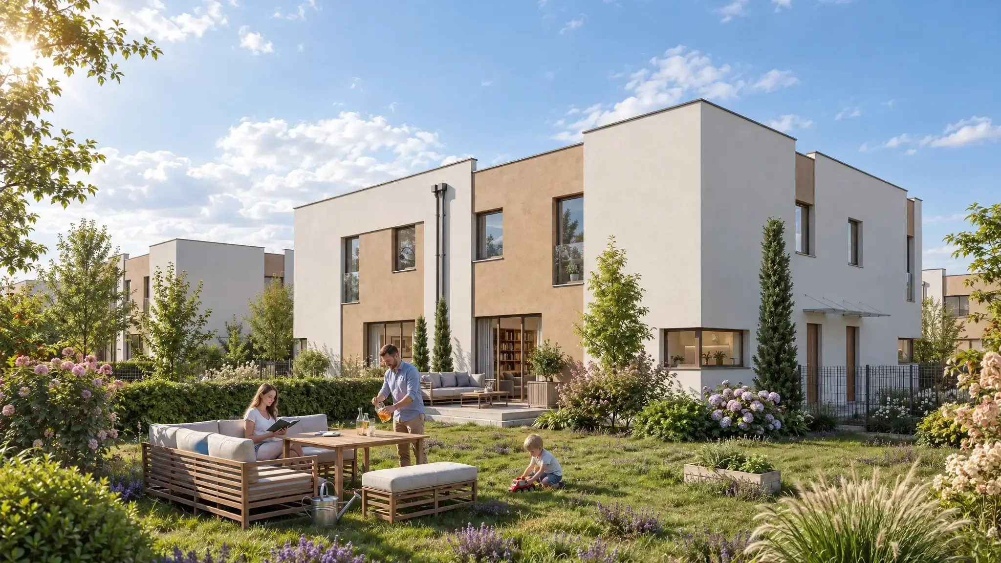Family with a child in the garden behind a semi-detached house with a terrace and garden furniture