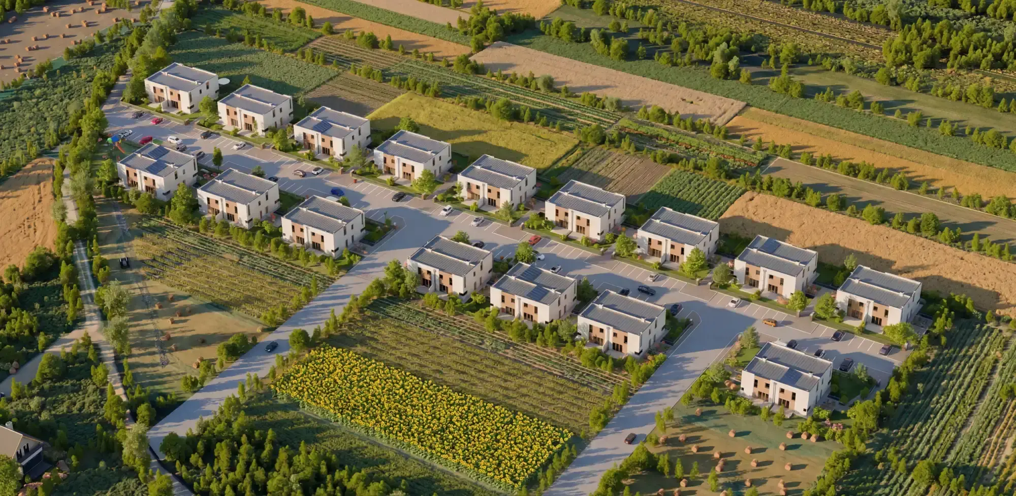 Semi-detached house estate with a sunflower field in the foreground, aerial view