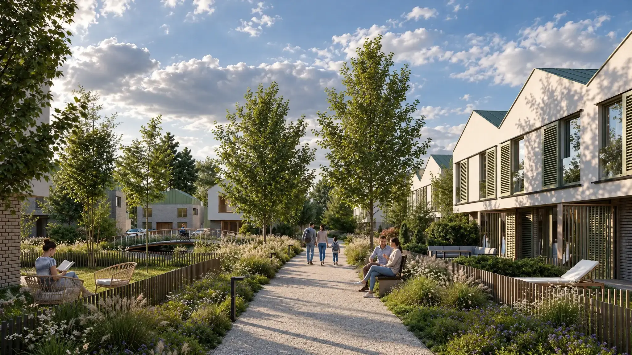 Gravel footpath through meadow planting between terraced houses with green shutters