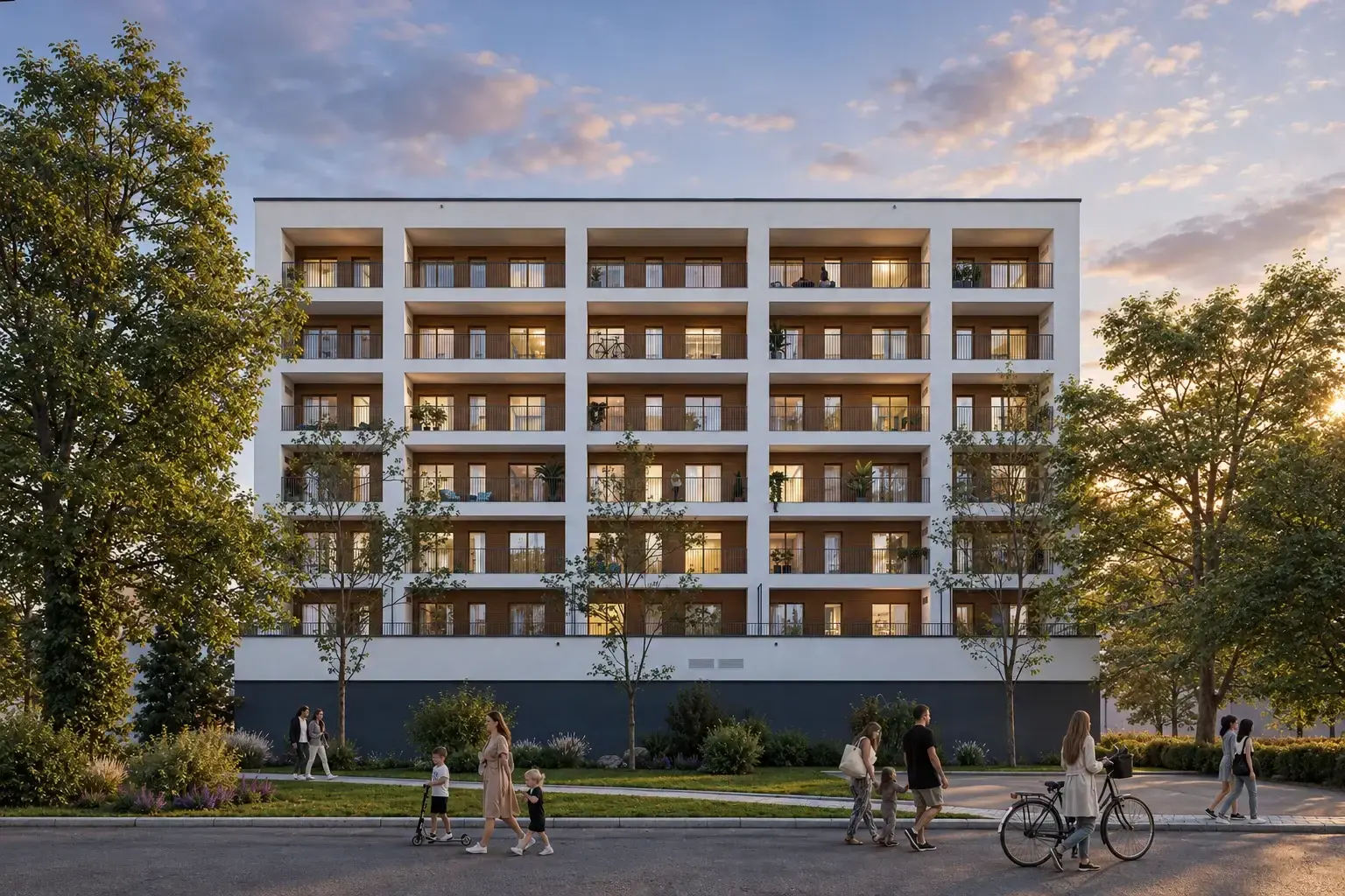Residential building with a rhythm of timber-lined loggias at sunset, families on the pavement