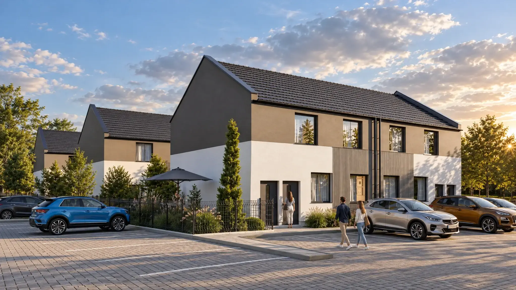 Gable-roofed terraced houses with two-tone facades by the estate car park