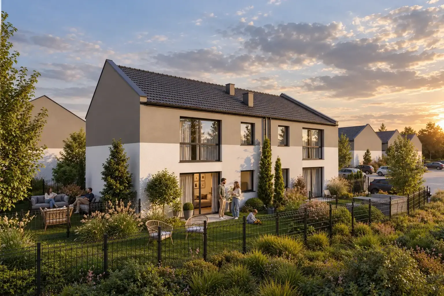 Terraced-house gardens with garden furniture at sunset