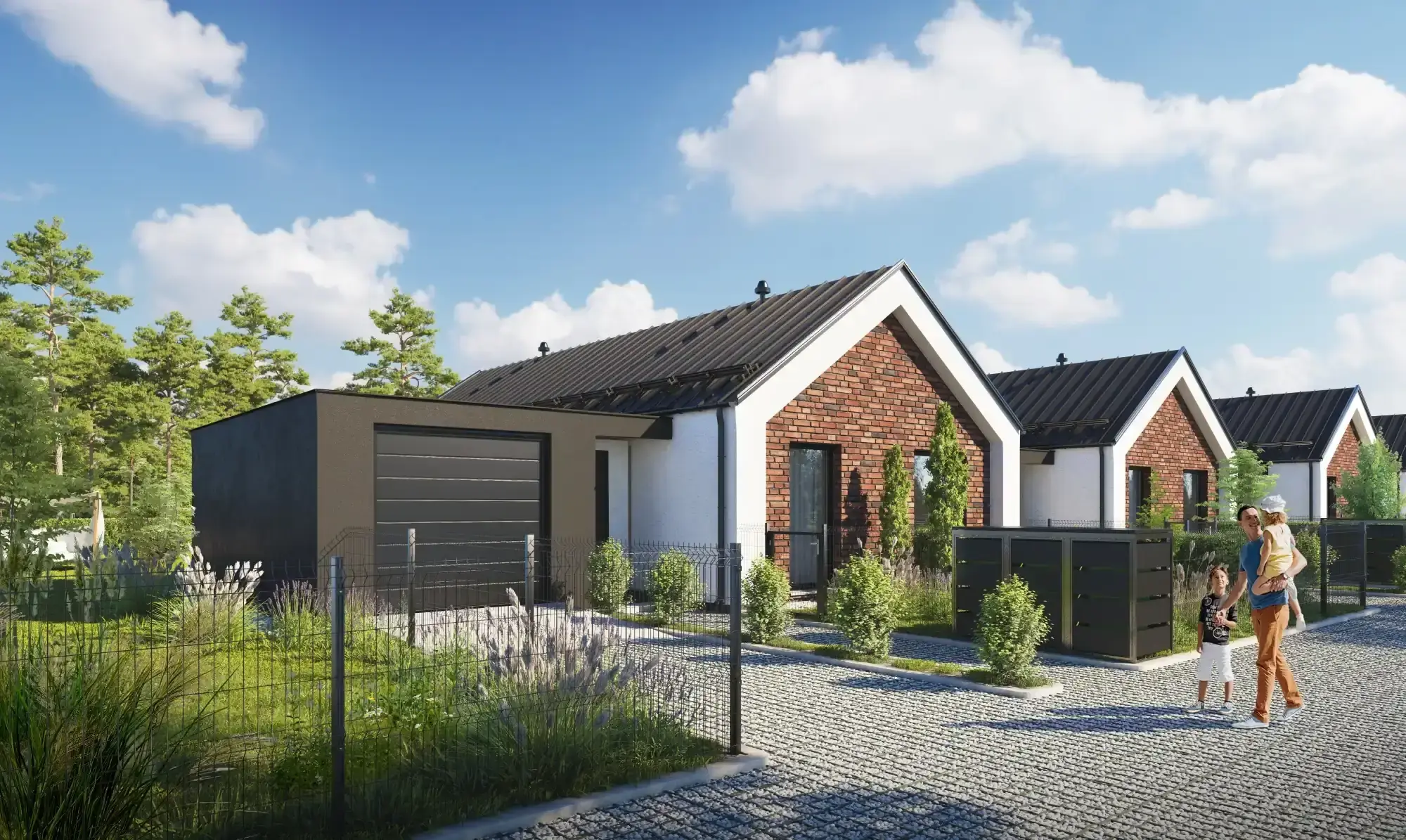 Single-storey house with a brick gable and garage by the estate road, family with children