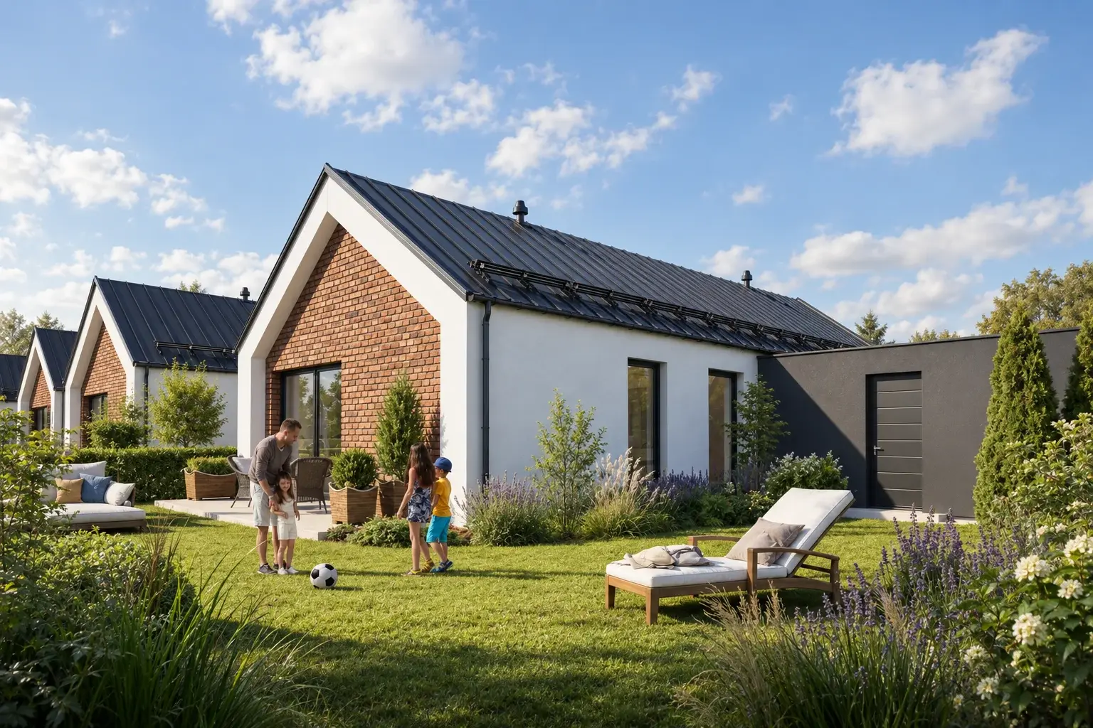 Family playing football in the garden behind a single-storey house with a brick gable