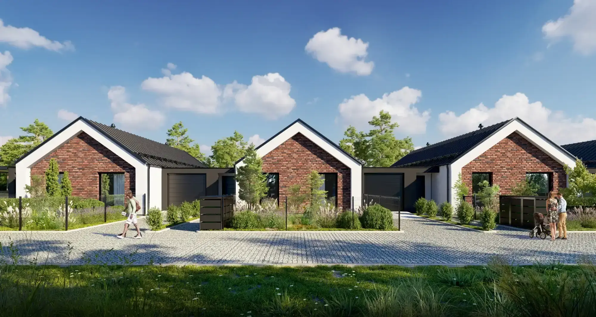 Row of single-storey houses with brick gables and garages seen from the estate road
