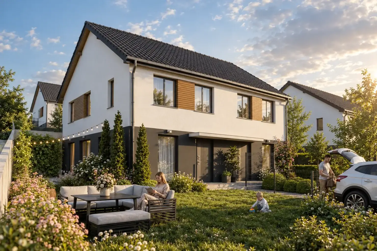 Mother and child in the garden of a semi-detached house with timber facade inserts