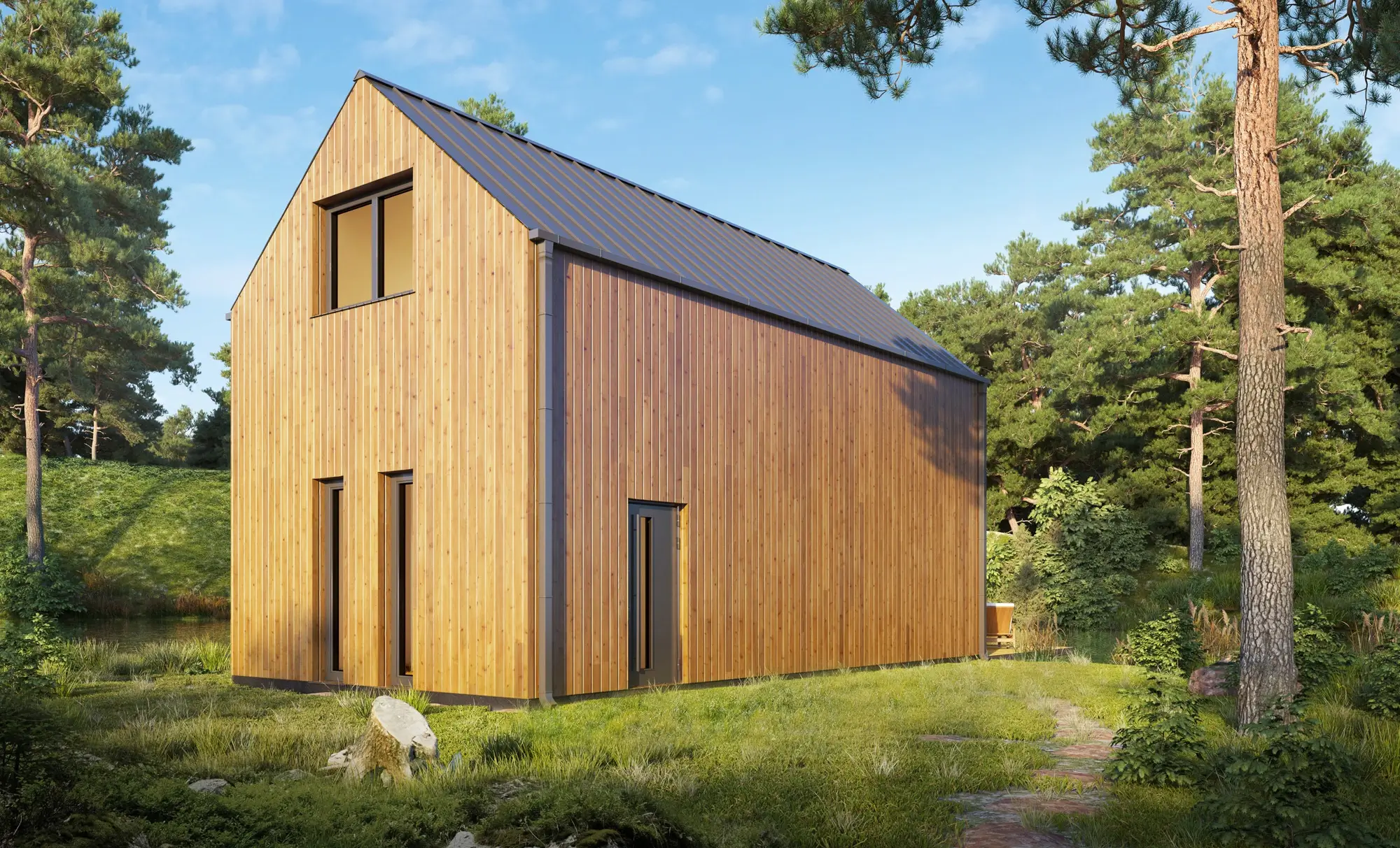 Wizualizacja domu 70 m² od tyłu z tarasem wychodzącym na rzekę