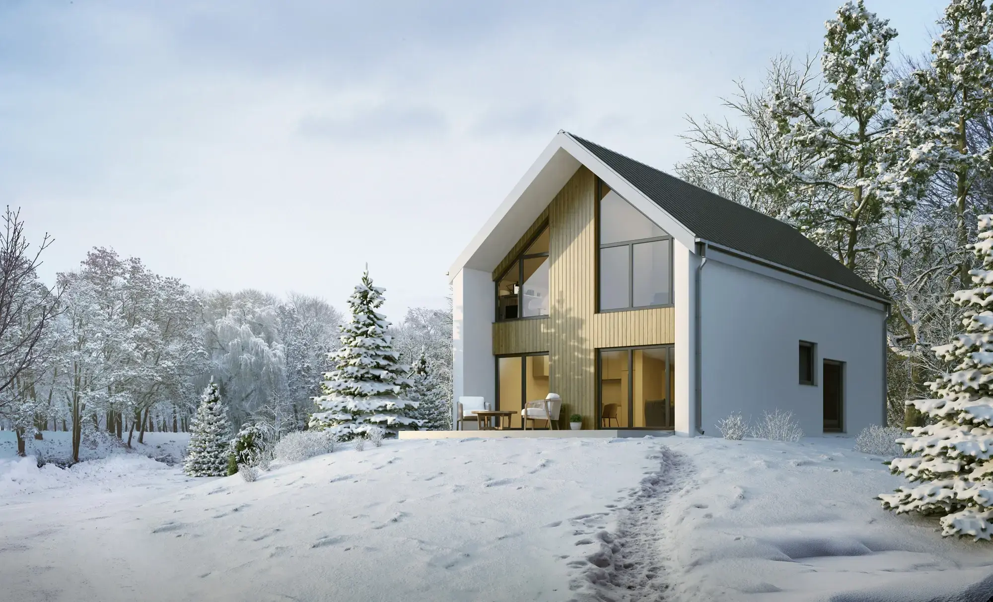 Wizualizacja domu 130 m² od frontu, w zimowej aurze przy lesie