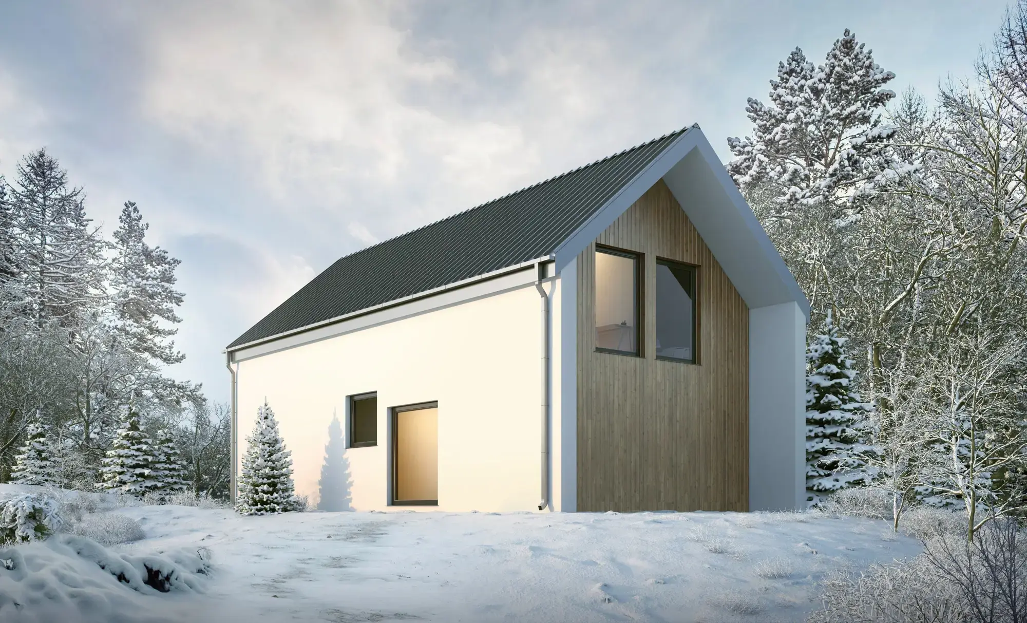 Wizualizacja domu 130 m² od tyłu z widokiem na ośnieżony las