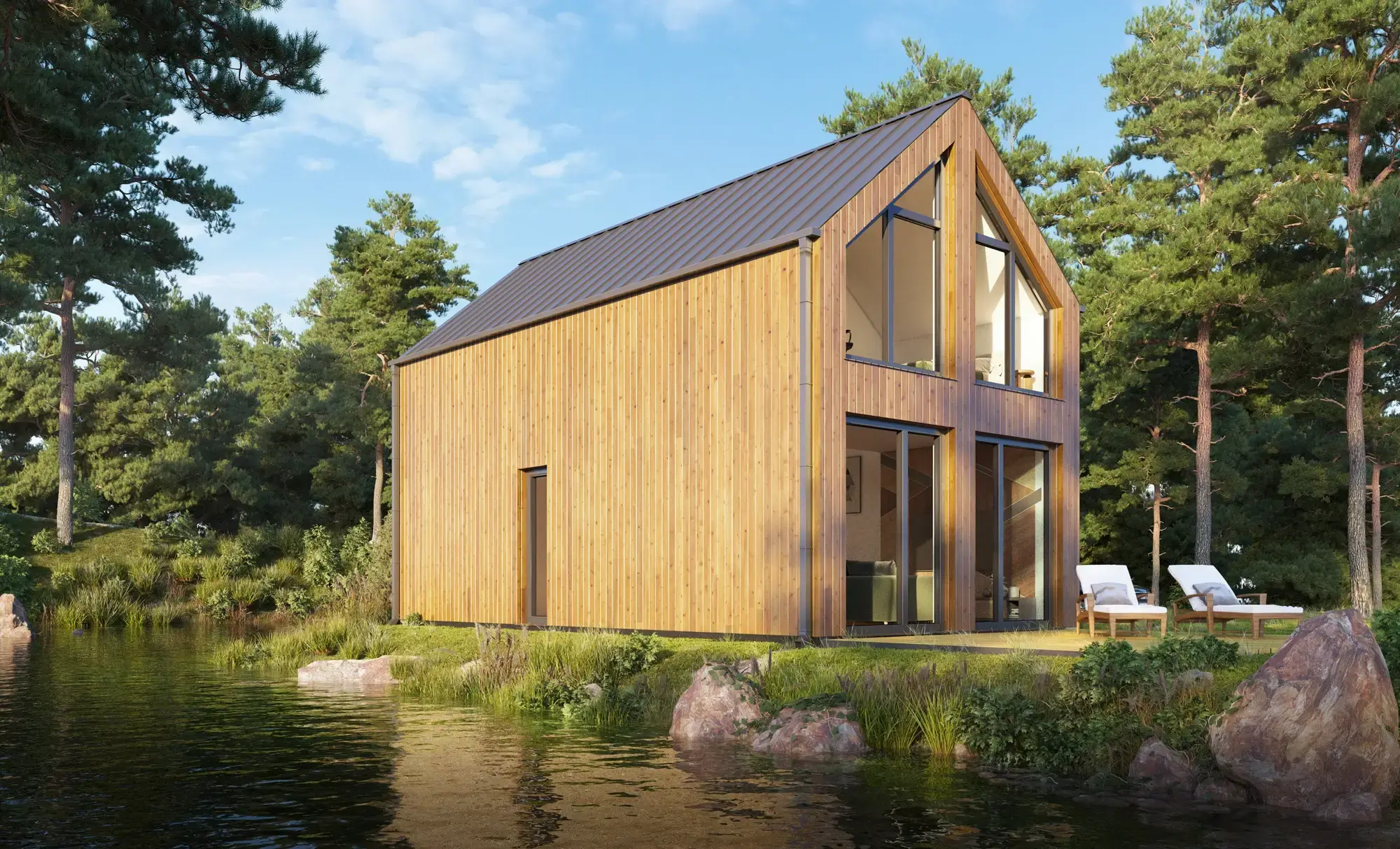 Wizualizacja domu 70 m² od frontu nad rzeką, otoczonego drzewami