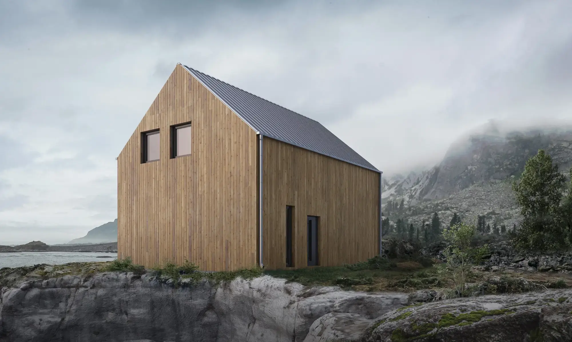 Wizualizacja domu 95 m² od tyłu z tarasem wychodzącym na góry