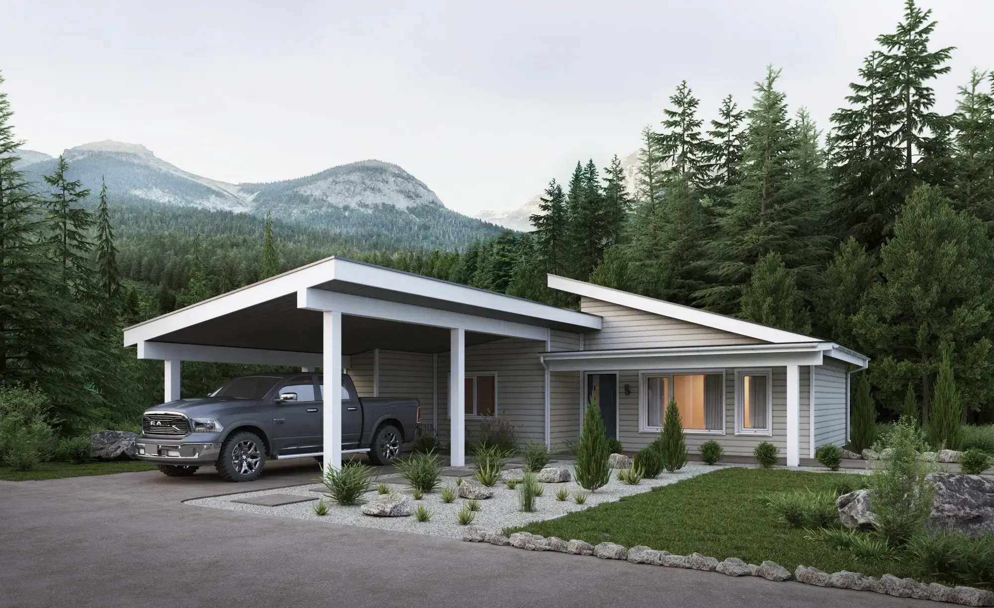 Nowoczesny dom prefabrykowany - wejście i garaż z podjazdem